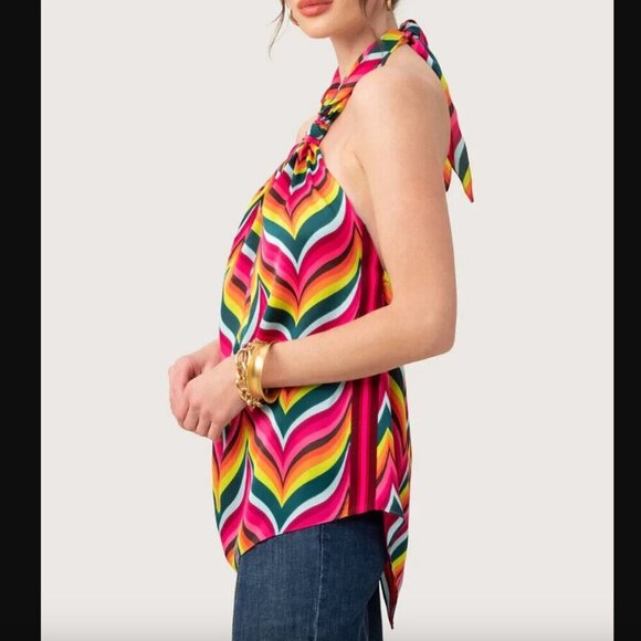 Trina Turk Marine 3 Satin Halter Top in Radio City Rose Multi XS - Picture 2 of 8
